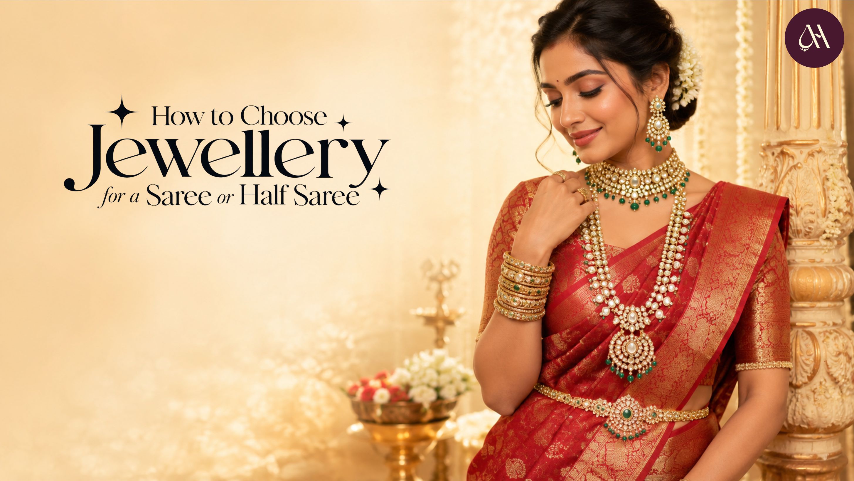 Indian woman styling a red silk saree with Kundan jewellery, layered haram, earrings, bangles and waist chain.