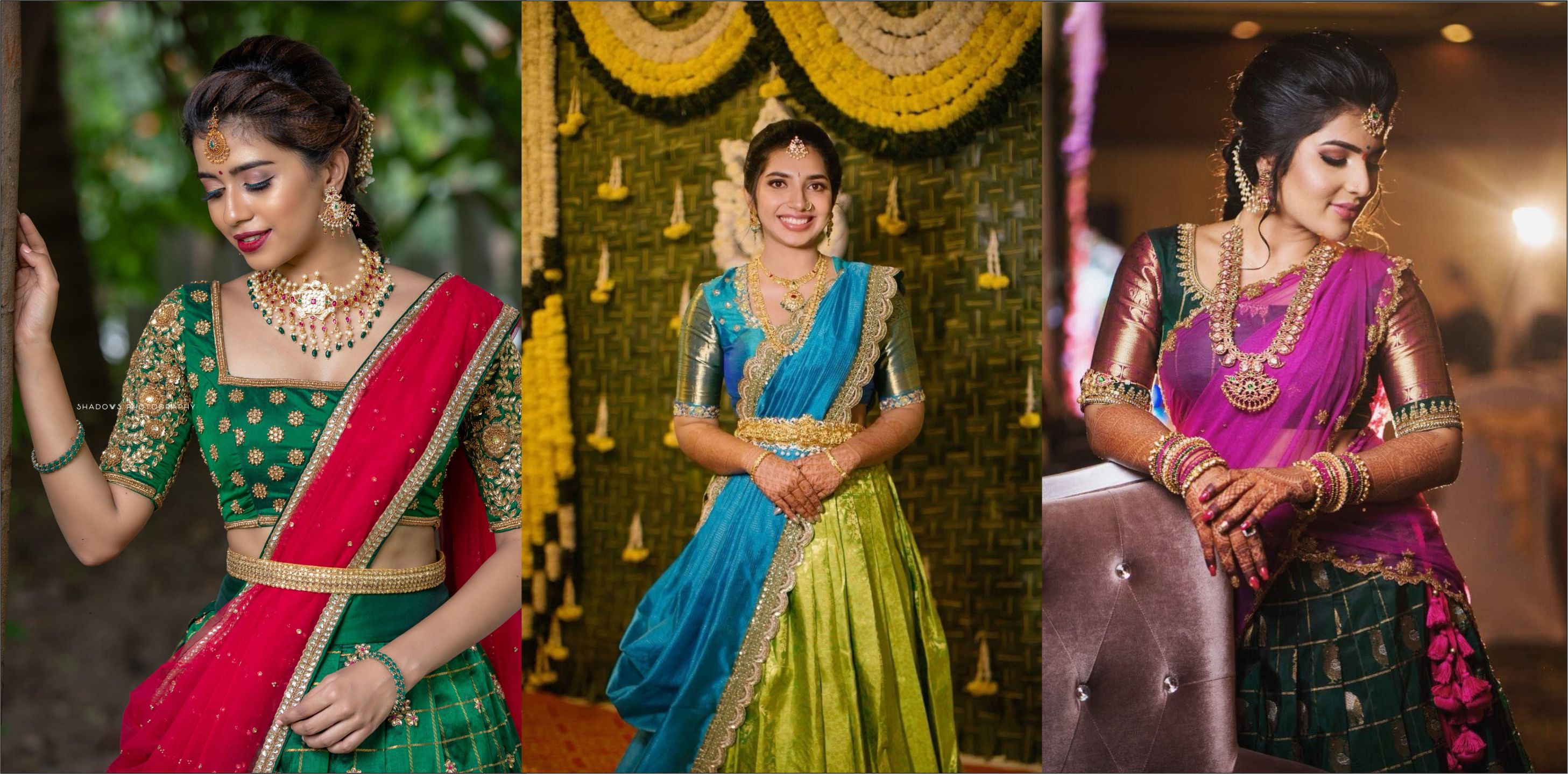 Traditional jewellery styling ideas for saree and half saree featuring Kundan choker, long haram, earrings, bangles and waist chain with colorful festive outfits.