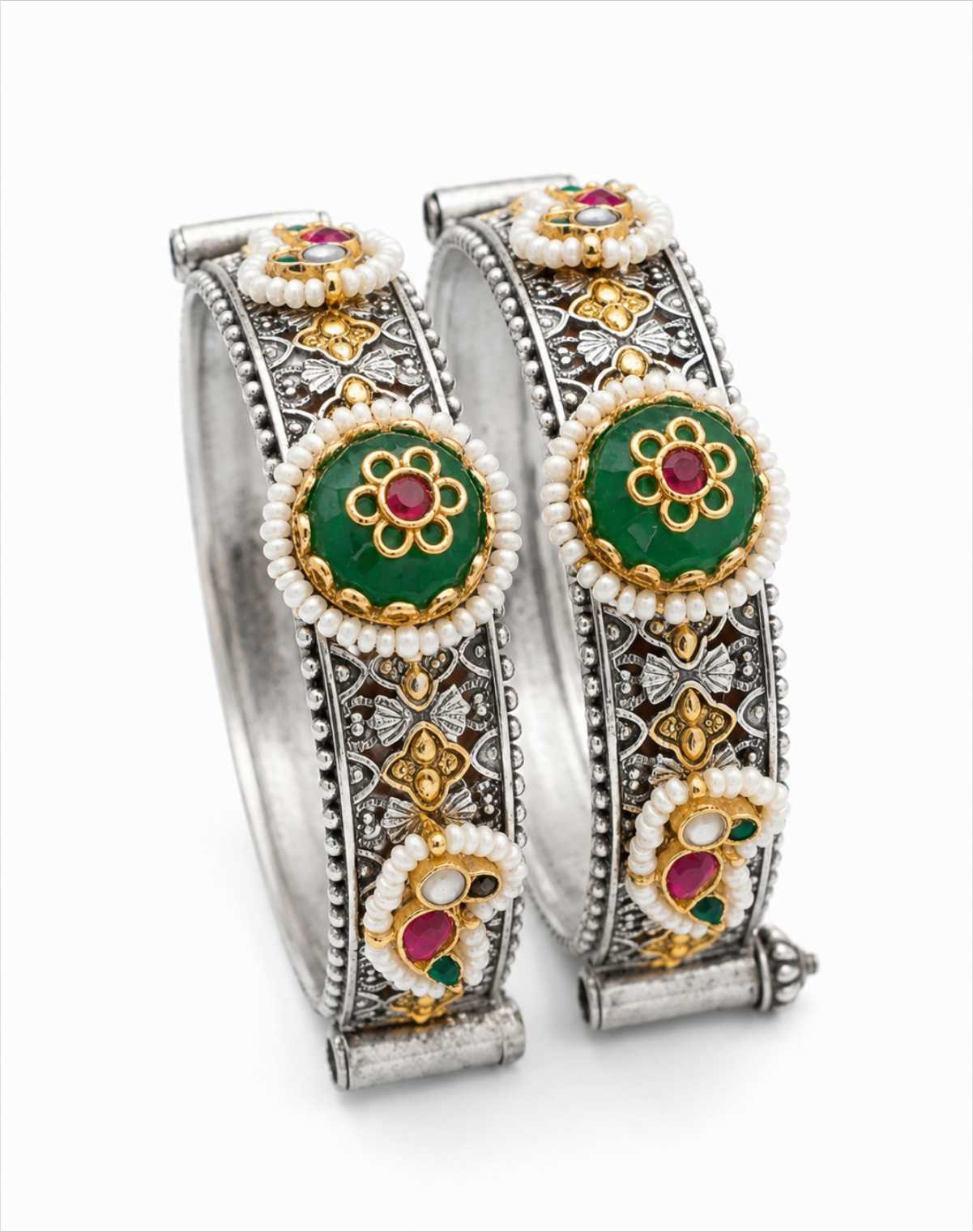 German Silver Dual Tone Pachi Kundan Kada Pair