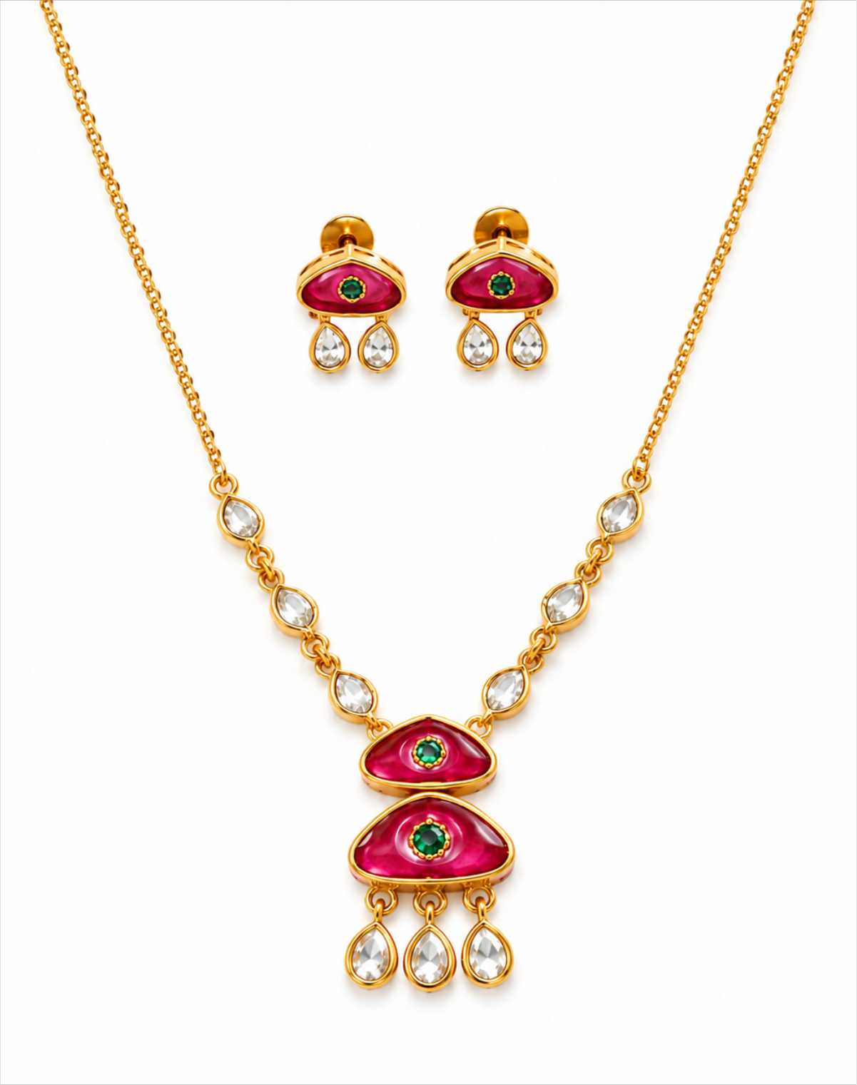 Drop Kundan Ruby Pendant Set with Matching Earrings