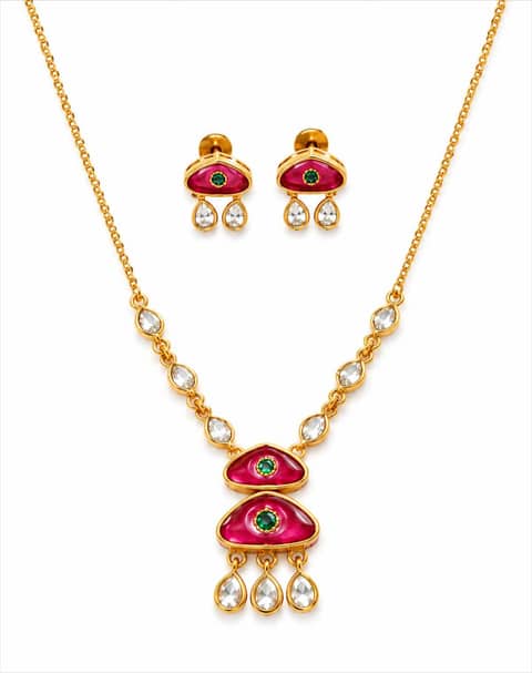 Drop Kundan Ruby Pendant Set with Matching Earrings