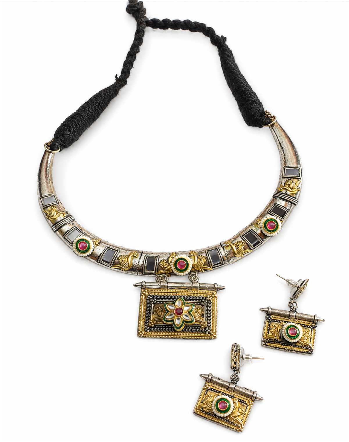 Dual Tone Mirror Work Hasdi Set with Matching Earrings