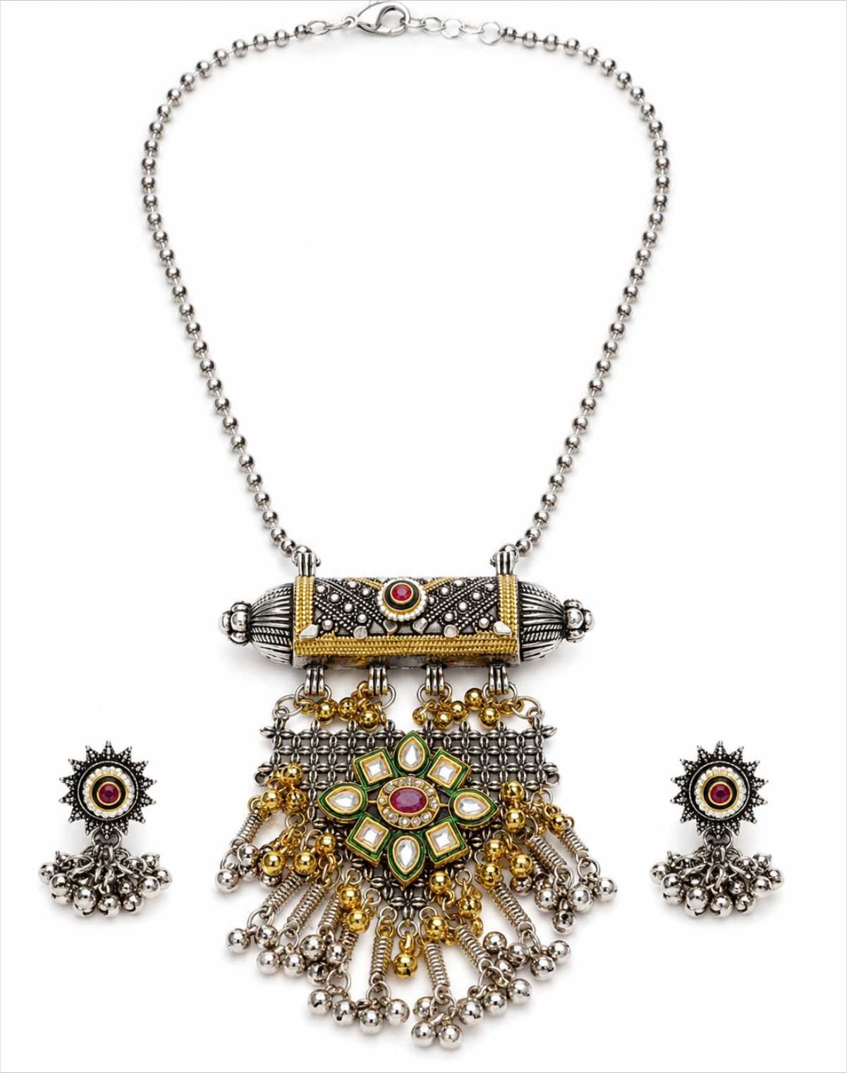 Dual Tone Oxidized Long Mala Set with Pendant