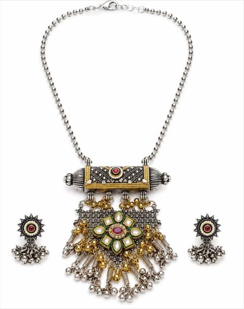 Dual Tone Oxidized Long Mala Set with Pendant