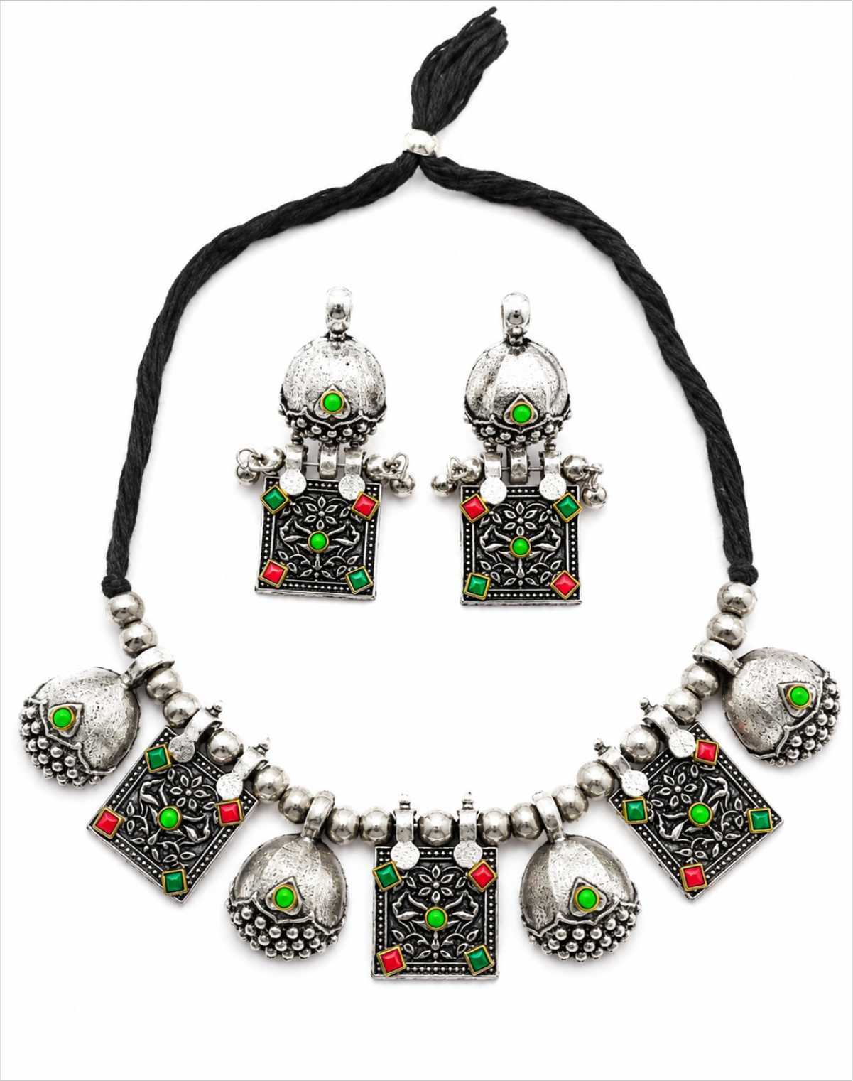 Oxidized Hasdi Set with Mirror Work & Matching Earrings