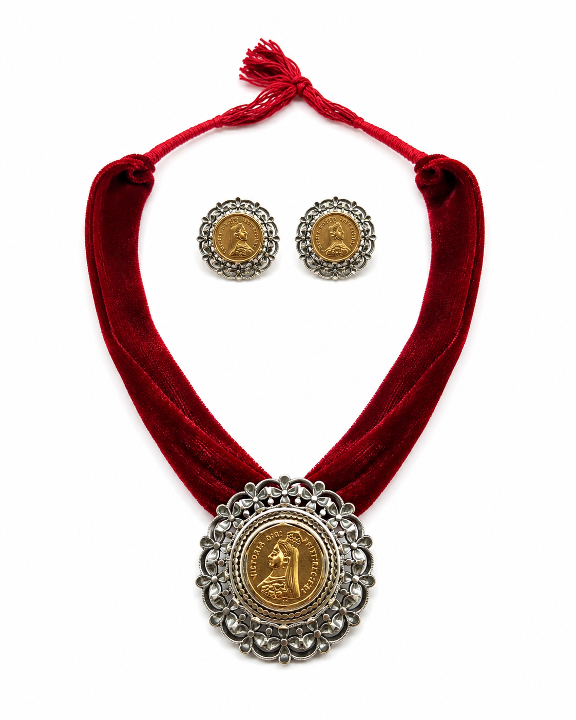 German Silver Navratri Velvet Choker Set with Stud Earrings