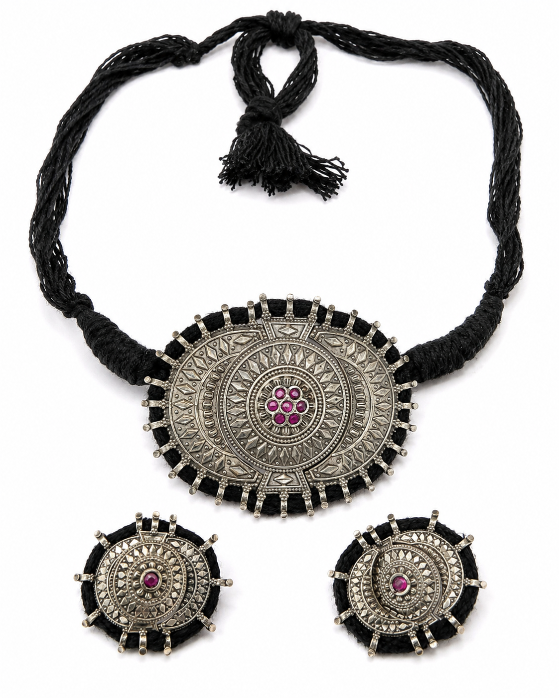 Silver Replica Black Flexible Choker Set with Stud Earrings