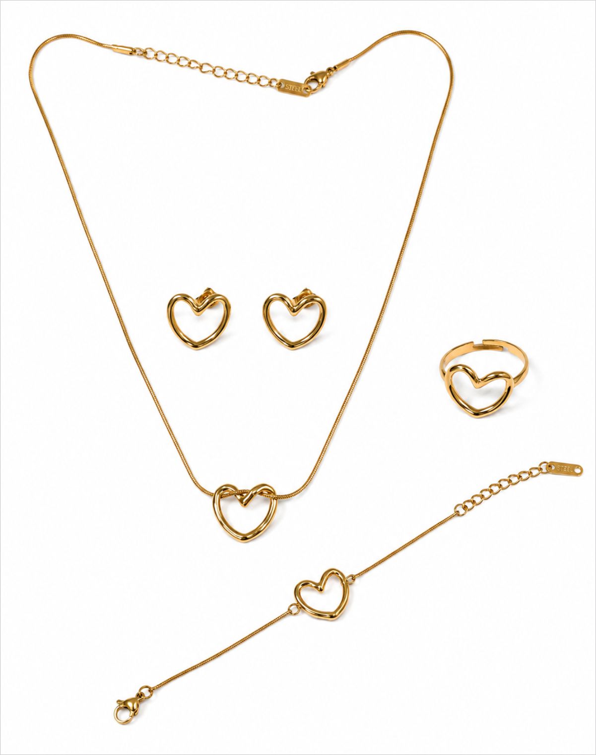 Gold Plated Heart Pendant Jewellery Set with Ring, Bracelet & Stud Earrings