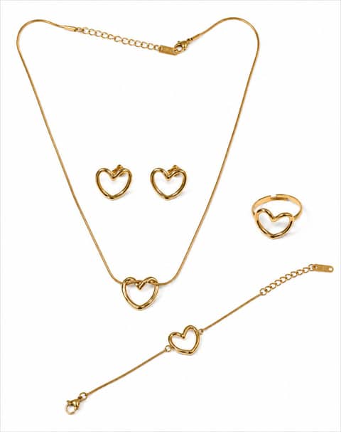 Gold Plated Heart Pendant Jewellery Set with Ring, Bracelet & Stud Earrings
