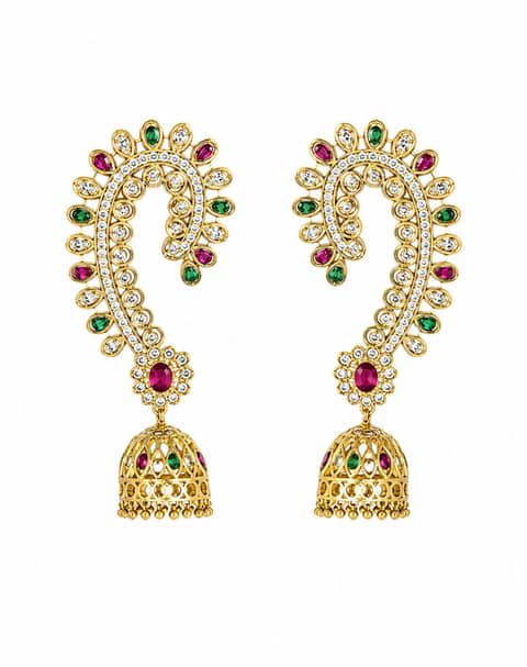 Gold-Plated Diamond Ear Cuff Jhumka Earrings