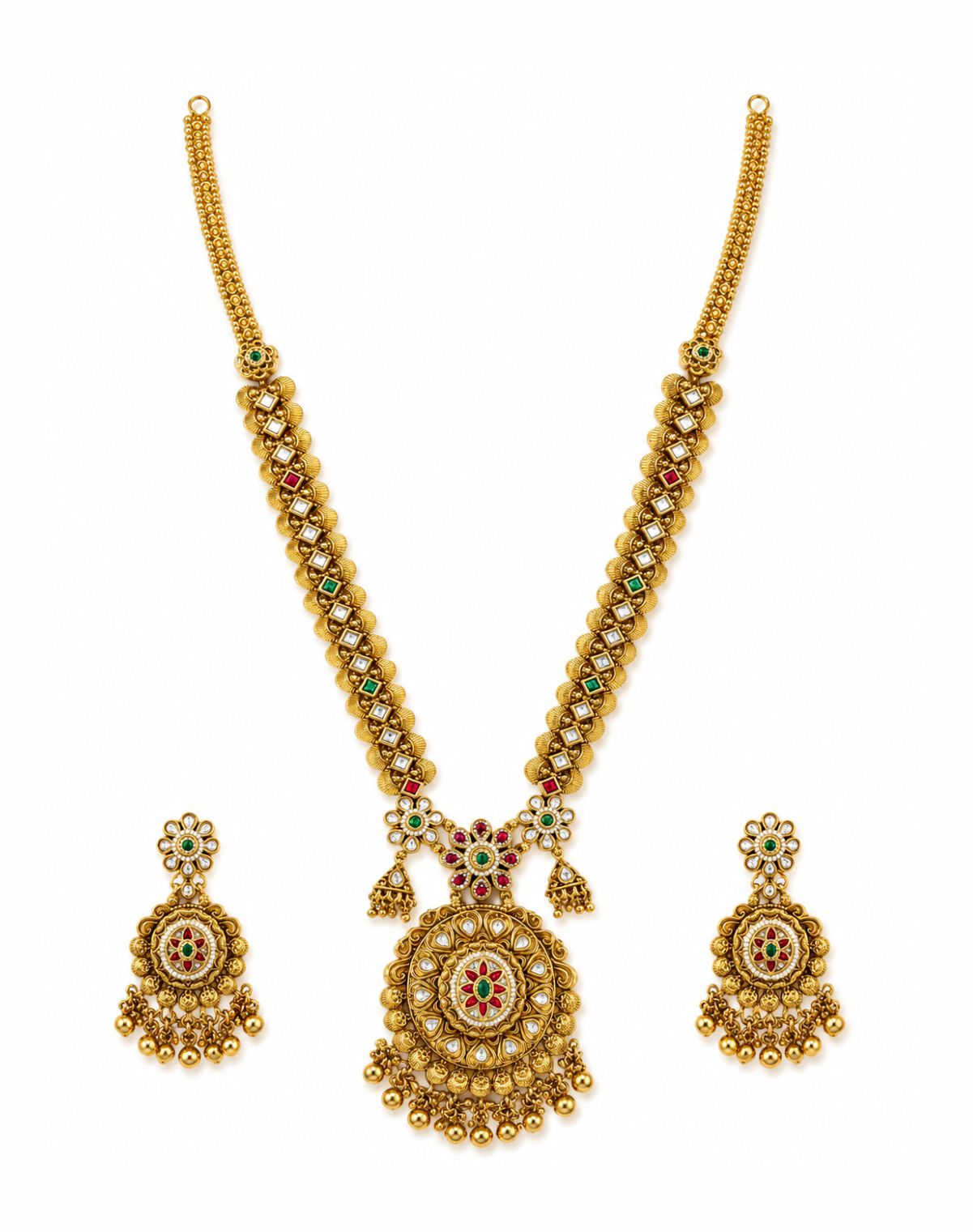 Heritage Swarovski Kundan Long Haram Necklace Set – 9K Gold Plated
