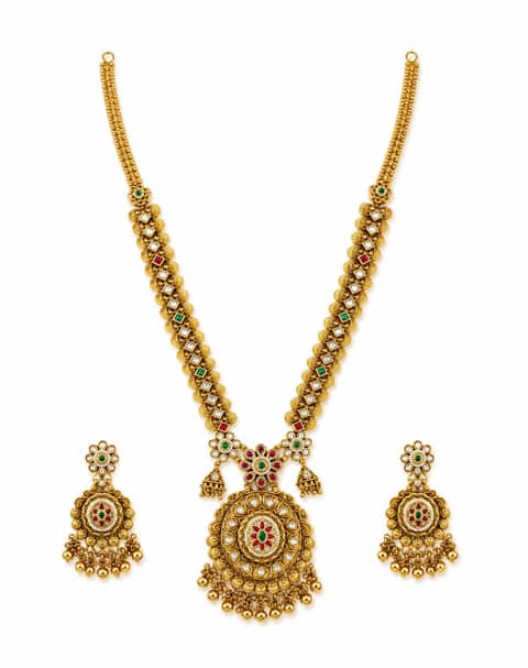 Heritage Swarovski Kundan Long Haram Necklace Set – 9K Gold Plated